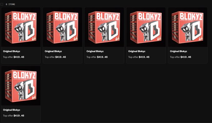 The image shows six identical "Original Blokyz" NFT boxes from a collection raffle, each listed with a "Top offer $419.46," visually confirming the poster's claim of winning 6 Blokyz from the intense raffle hosted by the @OriginalBlokyz crew.