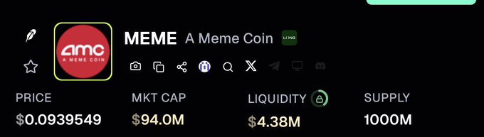 A cryptocurrency price card showing 'MEME A Meme Coin' with a price of $0.0939549, market cap of $94.0M, liquidity of $4.38M, and supply of 1000M.