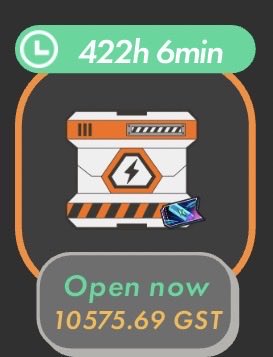 A digital interface showing a timer of '422h 6min' above an orange and white loot box icon with an 'Open now' button displaying '10575.69 GST'.
