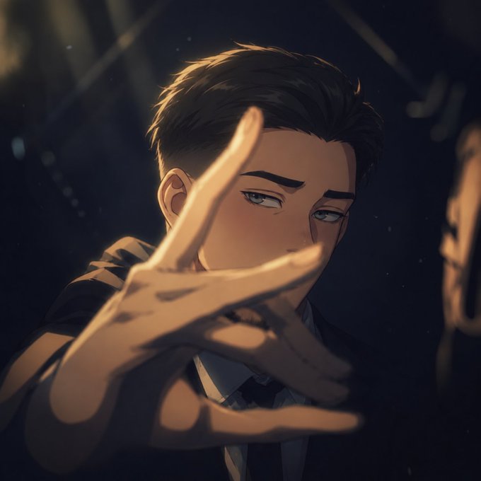An anime-style illustration of a young man in a dark suit and tie, reaching his hand toward the viewer with a confident expression in a dimly lit setting.