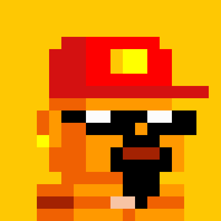 A pixel art illustration depicts a character resembling Mario wearing a red cap, black sunglasses, and an orange shirt against a yellow background.