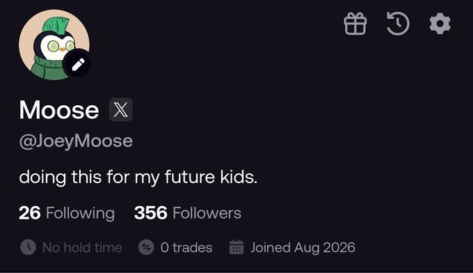 A user profile for "Moose" (@JoeyMoose) shows a new account with 356 followers, 26 following, 0 trades, and a "No hold time" status, joined in August 2026. The image reflects the post's announcement of creating a new FOMO trading account to start making impulsive cryptocurrency investments.