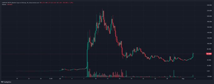 A TradingView chart of $CASHCAT (CASHRCAT/WETH) on Uniswap V3 shows a massive spike to roughly $190 in mid-July followed by a sharp decline, with the price now appearing to recover from lows around $40-50 toward the $48-49 range. The recent upward momentum visible in the chart supports the post's claim that the token is bouncing back, though it remains far below its all-time high.