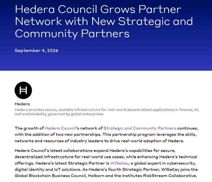 An article titled 'Hedera Council Grows Partner Network with New Strategic and Community Partners' dated September 4, 2026, discussing new Hedera partnerships including WISeKey.