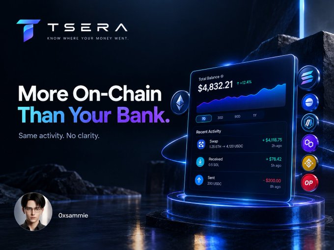 A promotional advertisement for 'TSERA' featuring the tagline 'More On-Chain Than Your Bank' alongside a tablet displaying a crypto balance and recent activity.