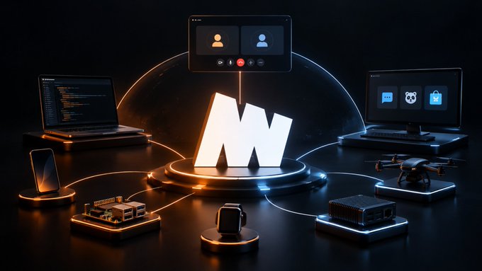 A futuristic tech-themed graphic shows a glowing letter 'W' at the center, connected by illuminated lines to surrounding devices including laptops, monitors, drones, and Raspberry Pi-style computers, with a video call interface displayed at the top.