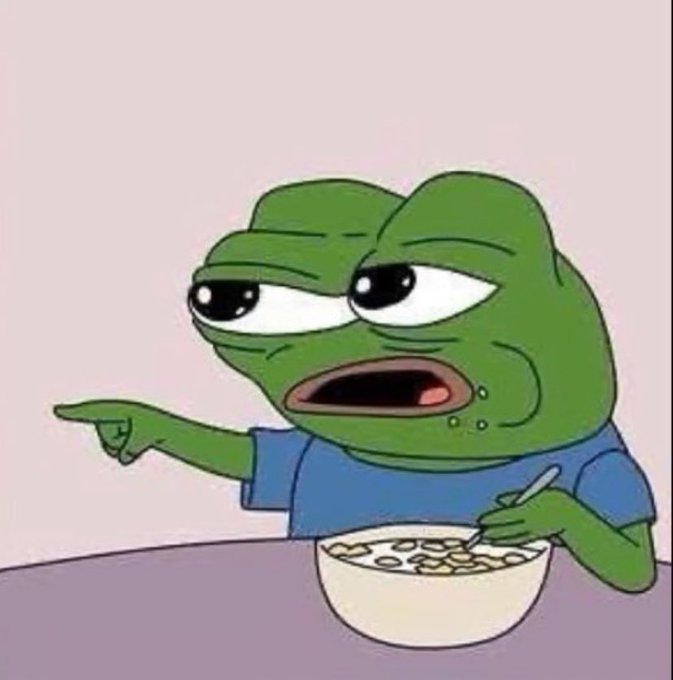 A cartoon image of Pepe the Frog looking annoyed while eating cereal from a bowl with a spoon, pointing his finger to the left.