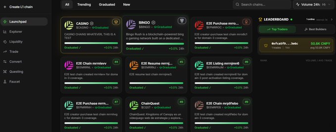 A screenshot of a crypto launchpad interface displaying various token projects including CASINO, BINGO, E2E Purchase, and ChainQuest with their 24-hour performance metrics and a leaderboard on the right.