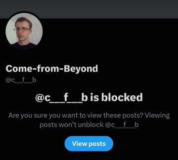A screenshot of a Twitter/X blocked user notification page for an account named 'Come-from-Beyond' (@c___f___b), showing a 'View posts' button option.