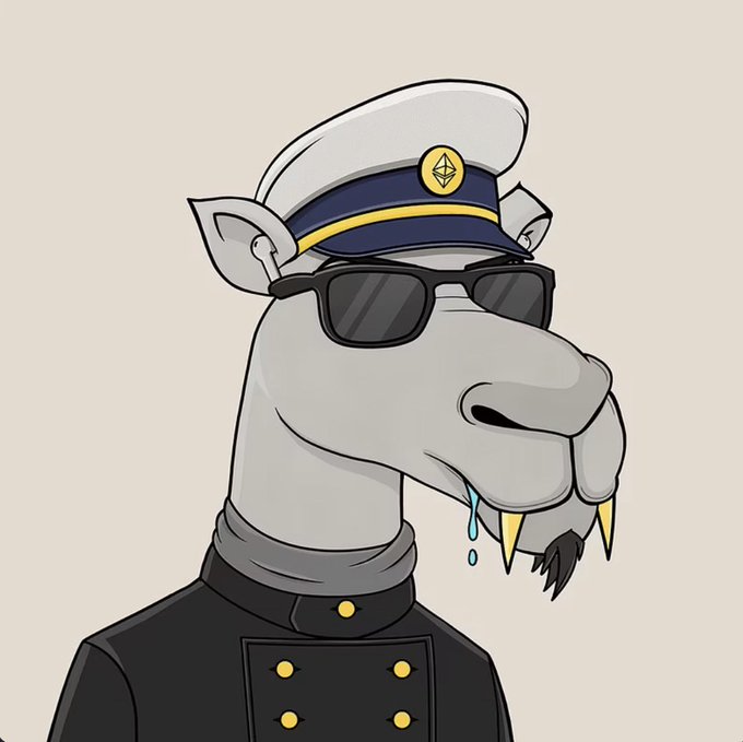 A digital illustration of an anthropomorphic white horse or seal character wearing a navy sailor hat with an Ethereum logo, sunglasses, and a black uniform with gold buttons.