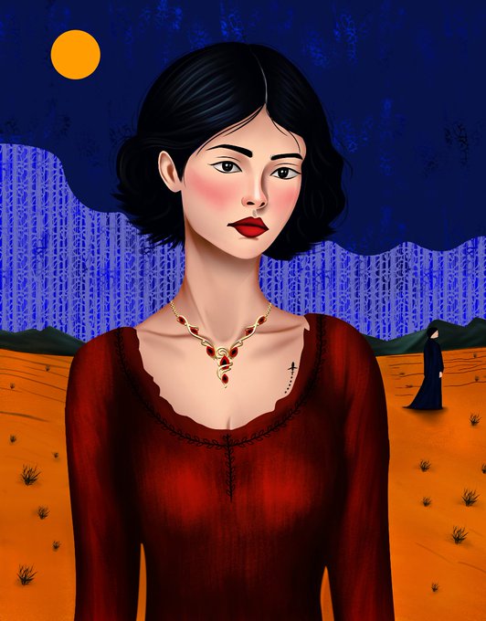 A digital painting of a woman with black hair, red lipstick, and a red top standing in a desert with a yellow sun, while a smaller figure in black stands in the background. The image appears to be inspired by Frida Kahlo.