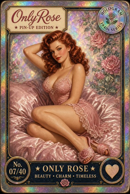 A holographic trading card titled "OnlyRose PIN-UP EDITION" from a 1940s series, numbered 07/40, featuring an illustration of a red-haired woman in a pink lace dress and heels sitting on satin bedding with roses, tagged with "BEAUTY • CHARM • TIMELESS." This appears to be the artist's test NFT launched on the Solana marketplace, with the caption sharing the wallet address and Telegram handle for the new "RoseKnowsAll" project.