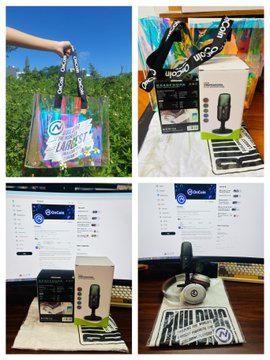 A collage of four photos showing branded merchandise from an OnCoin event, including a holographic tote bag with "Everyone is for marketing" text, product packaging for OnCoin hardware, and a "BUILDING" sign, alongside social media posts promoting the gathering.