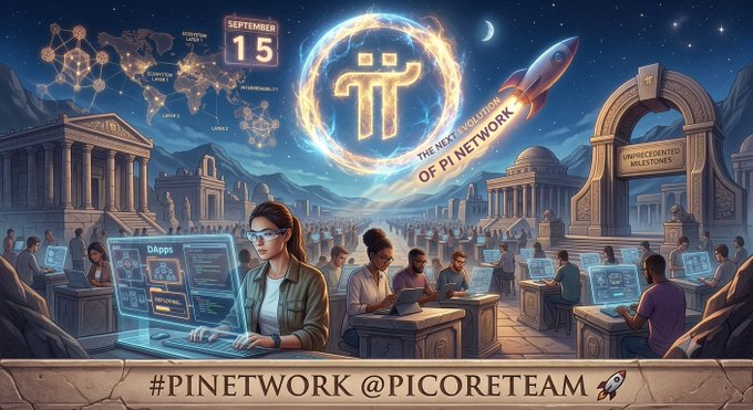 A digital illustration promoting Pi Network with the text 'THE NEXT EVOLUTION OF PI NETWORK' and '#PINETWORK @PICORETEAM', dated September 15.