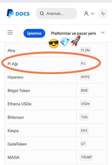 Screenshot of PayPal Docs payment methods page showing Pi Ağı (Pi) circled in orange among supported options like FLOW, HYPE, BGB, USDe, TAO, KAS, GT, and TRUMP, illustrating Pi Network's growing real-world payment integration.