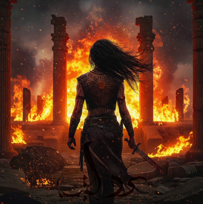 A dramatic digital illustration of a female warrior viewed from behind, holding a sword, standing before a blazing inferno surrounded by ruined stone pillars.