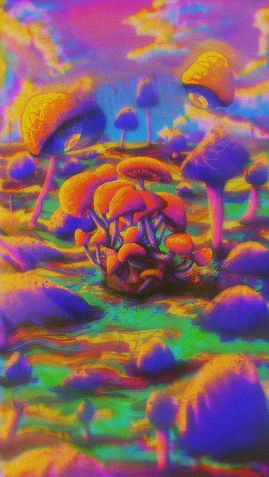 A vibrant, psychedelic digital artwork depicting a surreal landscape filled with glowing orange and purple mushrooms under a vivid multicolored sky, perfectly matching the dreamy aesthetic of the "I'm (Not) Shy" NFT collection. No text, numbers, or tickers are visible in the image itself.