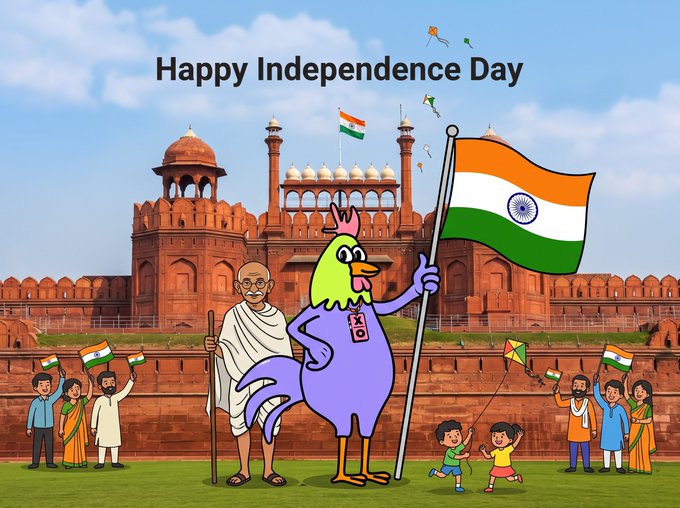 An celebratory digital illustration features a cartoon chicken holding the Indian flag in front of the Red Fort, accompanied by the text "Happy Independence Day." The imagery uses a mascot to symbolize the freedom and lack of gatekeepers mentioned in the post.