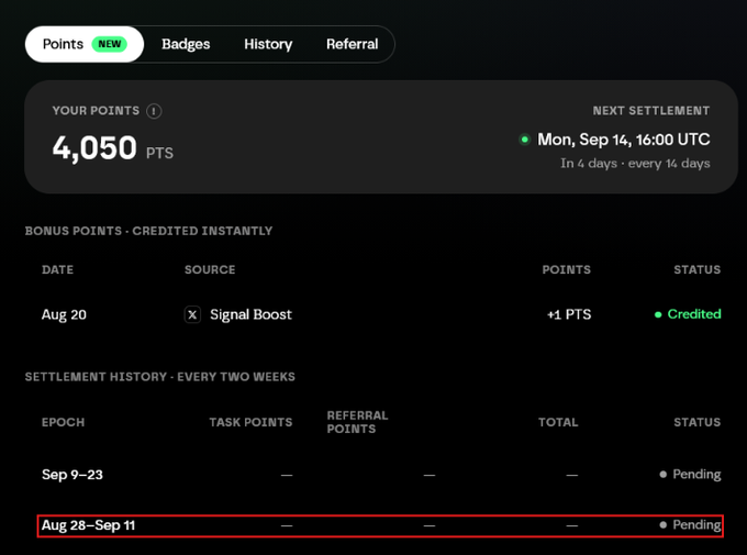 A points dashboard interface shows a user with '4,050 PTS' balance, next settlement on 'Mon, Sep 14, 16:00 UTC', bonus points credited on Aug 20 from 'Signal Boost', and a pending settlement history entry highlighted for 'Aug 28–Sep 11'.