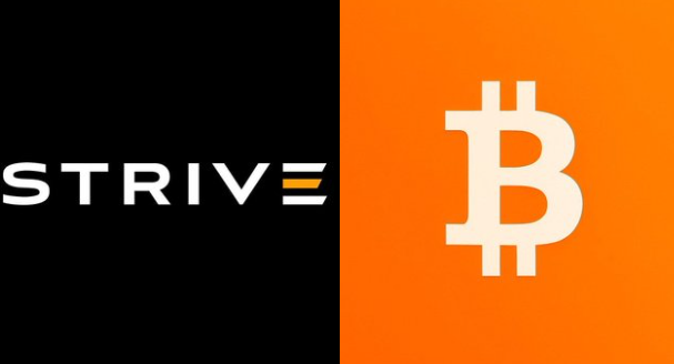 The image features a logo for a company named "Strive", which appears on both the top and bottom halves of an advertisement or poster. The logo consists of a white letter "B" against an orange background, with black text beneath reading "Strive". Additionally, there is some text that states "WHALE WATCH: Strive just added another 1,109 BTC to their corporate balance sheet. The company spent $85.4 million on this latest purchase, bringing their total treasury to an impressive 16500 BTC". This indicates a strong connection between the logo and the company's financial activities in the cryptocurrency space.