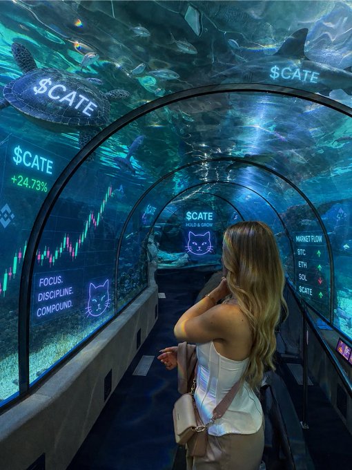 A woman with long blonde hair stands in an aquarium tunnel surrounded by fish and turtle imagery, with digital overlays displaying '$CATE +24.73%' and 'FOCUS: DISCIPLINE COMPOUND' alongside a cat logo.