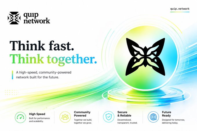 A Quip Network advertisement with the tagline 'Think fast. Think together.' promoting a high-speed, community-powered network with features like High Speed, Community Powered, Secure & Reliable, and Future Ready.