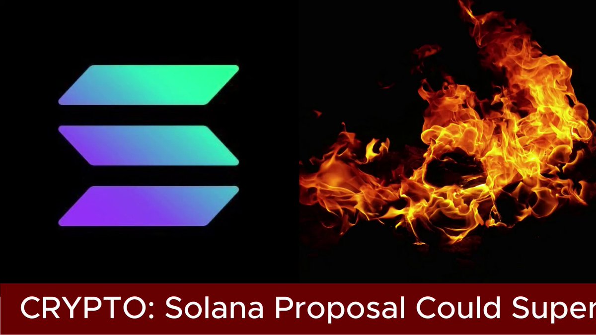 The image features two logos - one of a green triangle with a purple square at its center, representing Solana's blockchain, and another logo depicting a fire burning intensely against a black background. Below these logos, there is text that reads "Crypto! Solana Proposal Could Supercharge SOL Burns Solana ( @solana ) developer cavemanloverboy has introduced SIMD 547, a proposal designed to increase token burns across the network. Testing suggests the mechanism could more than triple current daily burn levels."