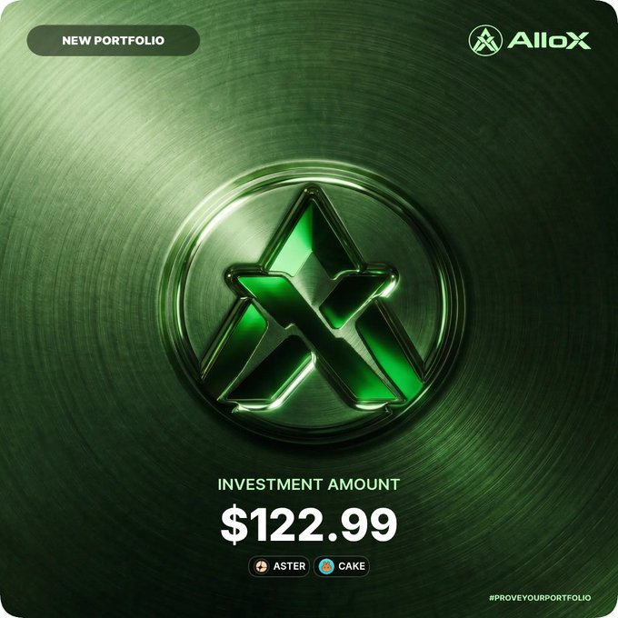 An AlloX 'New Portfolio' promotional card displaying a glowing green X logo with an investment amount of $122.99, showing ASTER and CAKE token holdings and the hashtag #PROVEYOURPORTFOLIO.