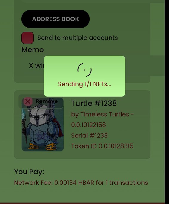 A mobile app screen shows a green pop-up reading "Sending 1/1 NFTs..." over an address book interface, displaying details for "Turtle #1238 by Timeless Turtles" and a network fee of 0.00134 HBAR.