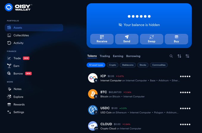 The OISY Wallet dashboard displays a portfolio interface with hidden balance, showing token holdings including ICP ($2.05, -0.67%), BTC ($62,667.00, +3.06%), USDC ($1.00, 0.00%), and CLOUD ($0.00, +0.84%), reflecting the multi-chain ecosystem highlighted on internetcomputer.org.