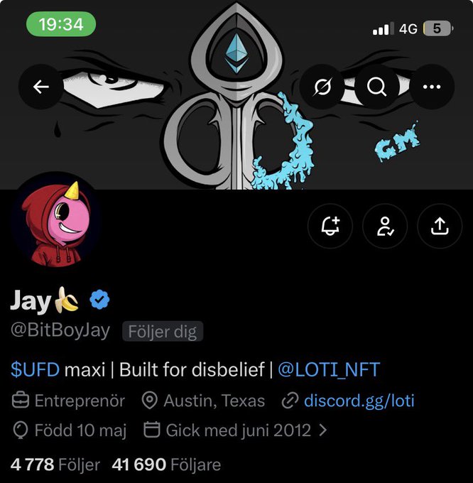 A Twitter/X profile for 'Jay' (@BitBoyJay) shows the bio '$UFD maxi | Built for disbelief | @LOTI_NFT', identifying as an entrepreneur from Austin, Texas, with 4,778 following and 41,690 followers, joined in June 2012, and born May 10.