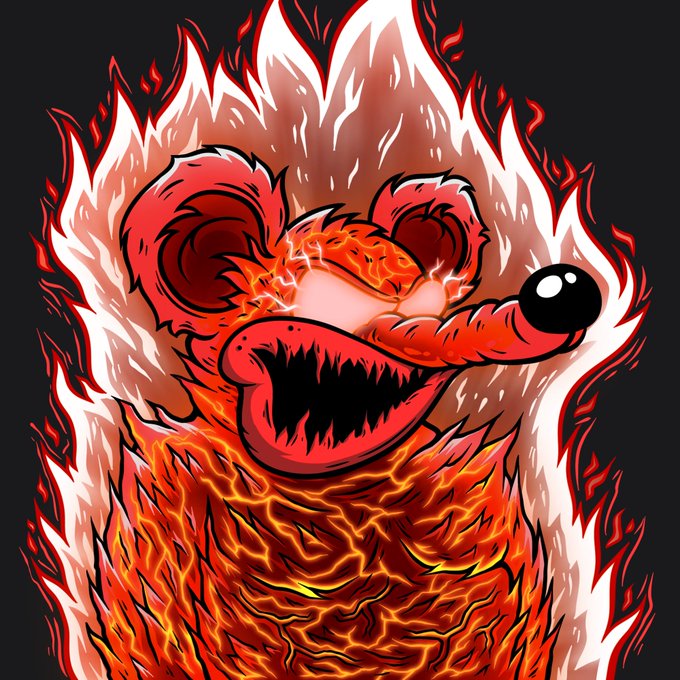 A stylized digital illustration of a snarling, flame-like animal creature with glowing eyes, sharp teeth, and a black nose against a dark background.