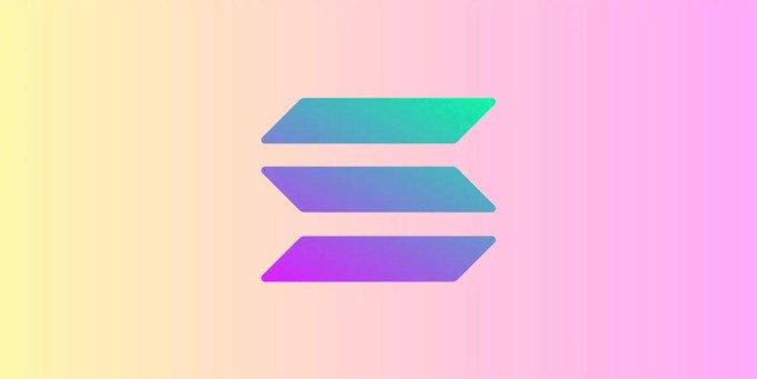 A Solana cryptocurrency logo featuring three stacked angled bars in gradient blue, green, and purple colors against a pastel background.