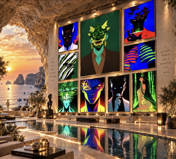 A luxurious seaside gallery displays a striking arrangement of vibrant digital NFT artwork featuring bold portraits of figures with surreal, jewel-encrusted faces and vivid neon colors, while inscriptions like "A QUIETER WORLD FOR A BRIGHTER YOU," "ART LIVES FOREVER," and "A DRIVEN TOMORROW" appear etched into the stone walls beside a reflective pool and sunset ocean view, perfectly capturing the post's call to the active NFT community this weekend.