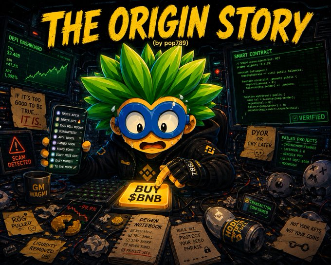 A cartoon-style illustration titled 'THE ORIGIN STORY (by pop789)' depicts a green-haired character in a cryptocurrency trading environment with text like 'BUY $BNB', 'SCAM DETECTED', and 'NOT YOUR KEYS NOT YOUR COINS'.