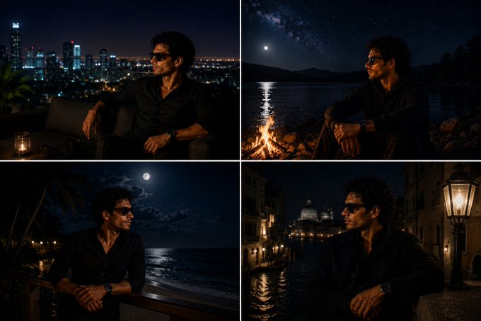 The image features a collage of four photos, each depicting a man sitting by a body of water at night with city lights in the background. In one photo, he's wearing sunglasses while looking out over the ocean. Another photo shows him leaning back on a chair near a fire pit or campfire. A third photo captures his gaze directed towards the sky as he looks up at the stars and the moon. The fourth photo is a close-up of his face with his hand resting on it, emphasizing the peaceful atmosphere of the scene.