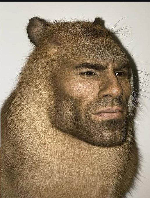 Digital artwork showing a lion's head and mane merged with a human male face with facial hair.