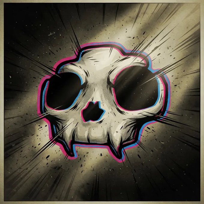 Pop-art style illustration of a stylized white skull with hollow black eye sockets, accented with pink and blue chromatic aberration outlines against a textured gray background with radial motion lines.