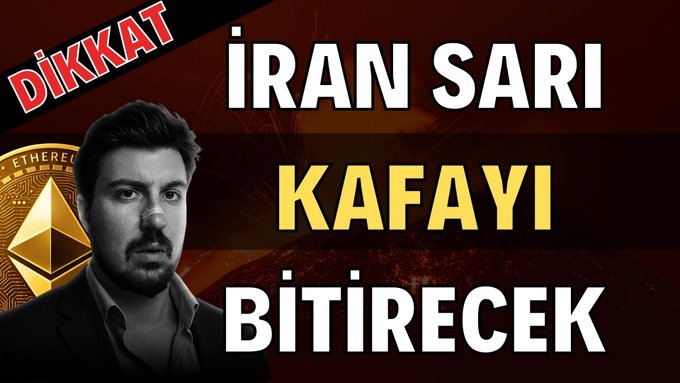 A Turkish-language video thumbnail with 'DİKKAT' (Attention) in red and text reading 'İRAN SARI KAFAYI BİTİRECEK' (Iran Will End Yellow), showing a man's face and an Ethereum logo.