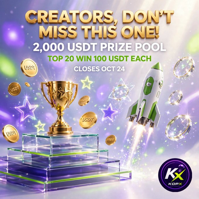 A colorful promotional graphic reading “CREATORS, DON’T MISS THIS ONE!,” “2,000 USDT PRIZE POOL,” “TOP 20 WIN 100 USDT EACH,” and “CLOSES OCT 24,” featuring a trophy, coins, and a rocket.