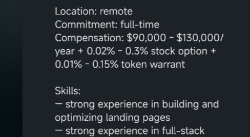 A job listing screenshot showing a remote, full-time position with compensation of $90,000-$130,000/year plus 0.02%-0.3% stock options and 0.01%-0.15% token warrants, requiring skills in building landing pages and full-stack development.