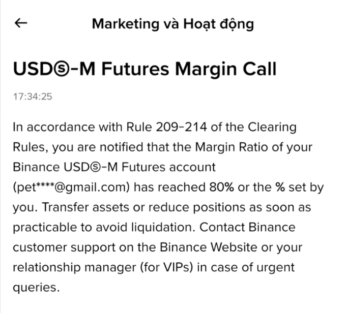 A Binance "USDⓈ-M Futures Margin Call" email notification alert indicating that the user's margin ratio has reached 80%, warning them to transfer assets or reduce positions to avoid liquidation—relating to the post's warning about the risky state of a leveraged futures trade.