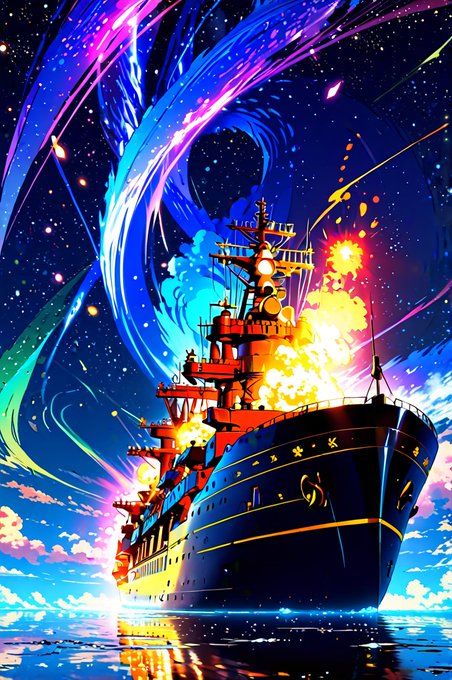 A vibrant anime-style digital artwork depicting a massive warship engulfed in explosions, set against a swirling cosmic background of blues, purples, and stars.