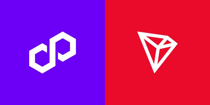 A split-screen graphic with the Polygon (MATIC) logo on a purple background on the left and the TRON logo on a red background on the right.