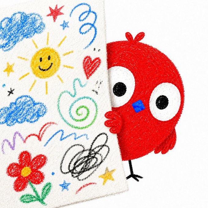 A whimsical illustration shows a red cartoon bird peeking from behind a piece of paper covered in colorful crayon drawings including a smiling sun, flowers, clouds, stars, and swirls.
