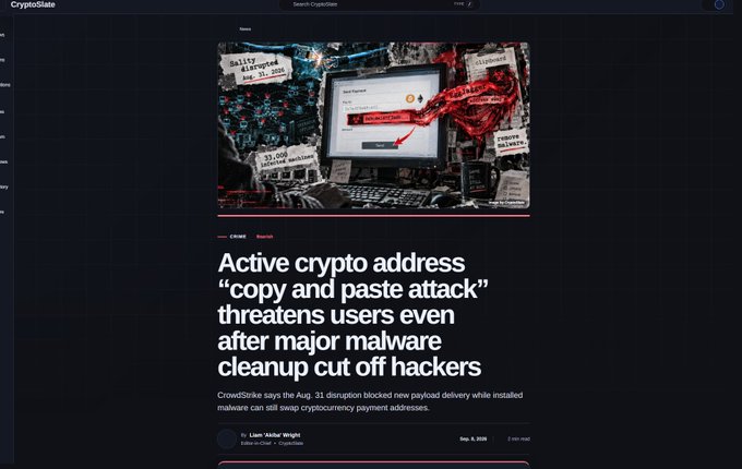 The image is a CryptoSlate news article headline reading "Active crypto address 'copy and paste attack' threatens users even after major malware cleanup cut off hackers," accompanied by a collage showing a "Sality #Mirrored Aug 31" stamp, a red skeletal hand, and a monitor displaying "33,000 infected machines." The post aligns with the article by explaining that despite the Sality botnet takedown, malware on infected devices continues swapping copied crypto addresses to steal funds.