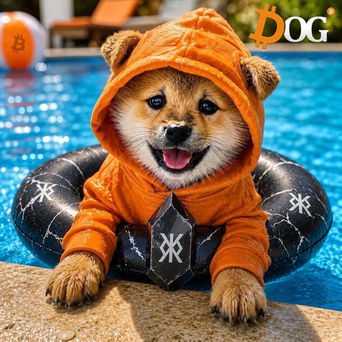 The image features a small brown dog wearing an orange hoodie, sitting inside an inflatable ring or pool with its paws hanging out of the ring. The background shows a swimming pool filled with water, and there are two other pools visible in the scene as well. The text "DOG" is written above the dog's head, and it appears that the image has been shared on social media to promote summer activities like swimming or spending time outdoors.

The post seems to be promoting a fun and playful atmosphere for dogs during the summer season.