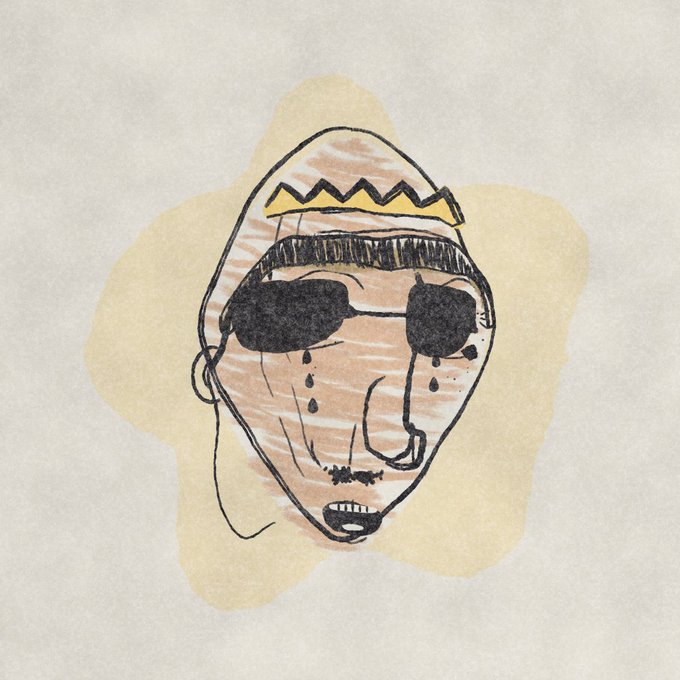 A sketchy illustration shows a distressed-looking face wearing sunglasses and a striped hood or beanie with a zigzag pattern on the forehead.