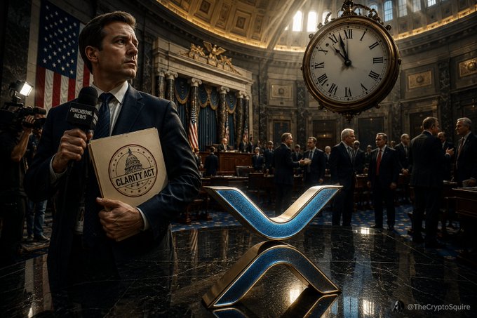 A journalist holding a microphone and a folder labeled "CLARITY ACT" stands in the U.S. Capitol next to a large clock showing the time ticking down, symbolizing the urgency of passing the crypto legislation before the August 7 vote deadline. A glowing XRP logo rests on the reflective marble floor, tying the regulatory push to the broader crypto industry's long wait for clarity.