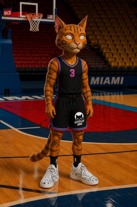 An AI-generated image of an anthropomorphic orange tabby cat wearing a black basketball jersey with the number 3 and 'GLUTEN CAT GANG' shorts, standing on a Miami basketball court.